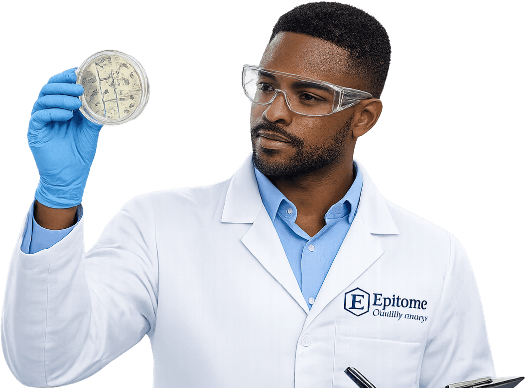 An Epitome Quality Group analyst inspecting a culture plate while recording the result on a clipboard